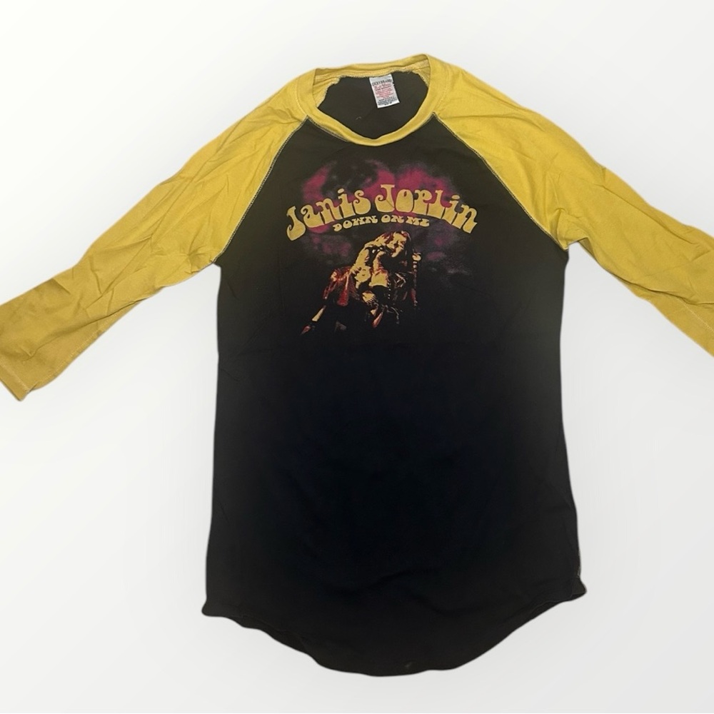 Vintage Janis Joplin Baseball Tee, Black/Yellow, Size Medium